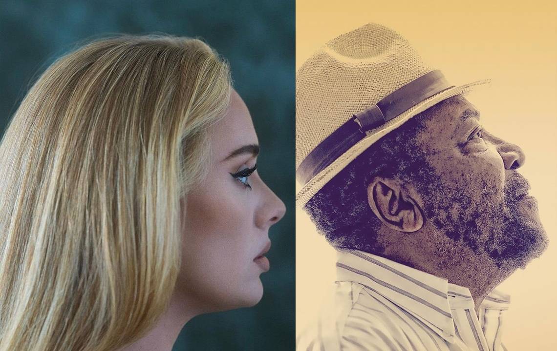À esquerda, a capa do novo disco de Adele, com a cantora de perfil; à direita, a capa do álbum 4.5 Turbinado, com Martinho da Vila de Perfil.