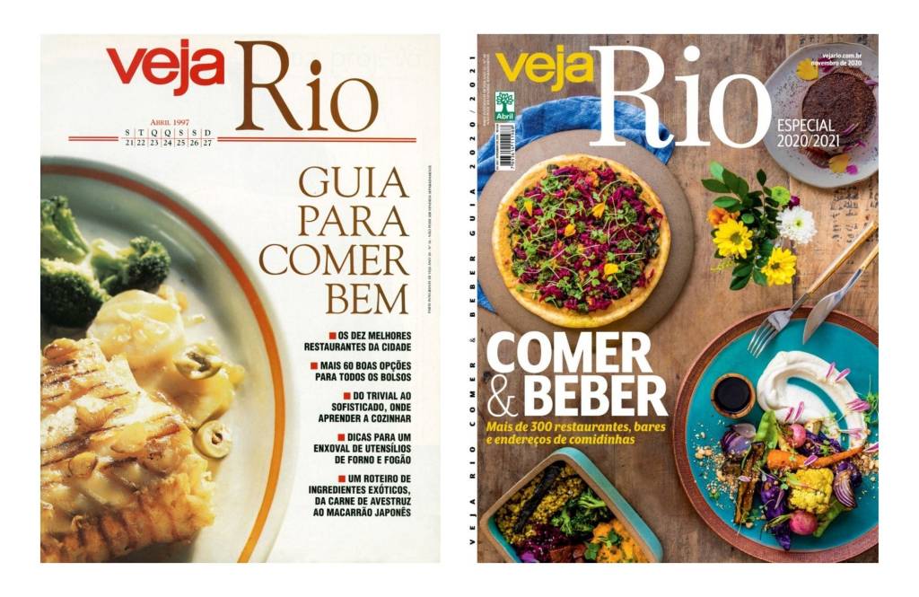 VEJA RIO Comer & Beber: a estreia, em 1997 (à esquerda), e a última capa, de 2020 (à direita), em plena pandemia