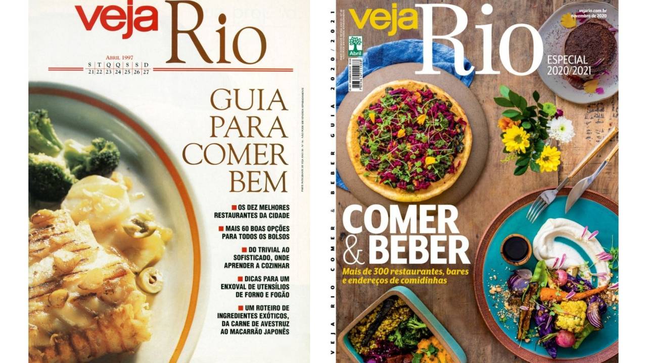 VEJA RIO Comer & Beber: a estreia, em 1997 (à esquerda), e a última capa, de 2020 (à direita), em plena pandemia