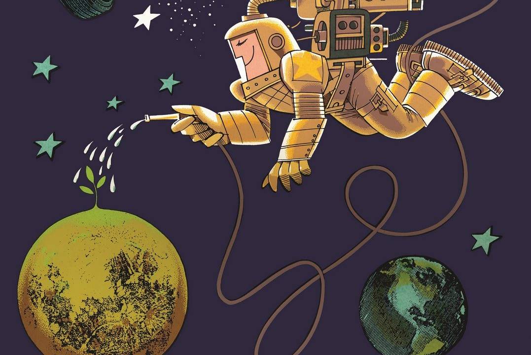 Astronauta de Ziraldo joga água em um planeta com mangueira