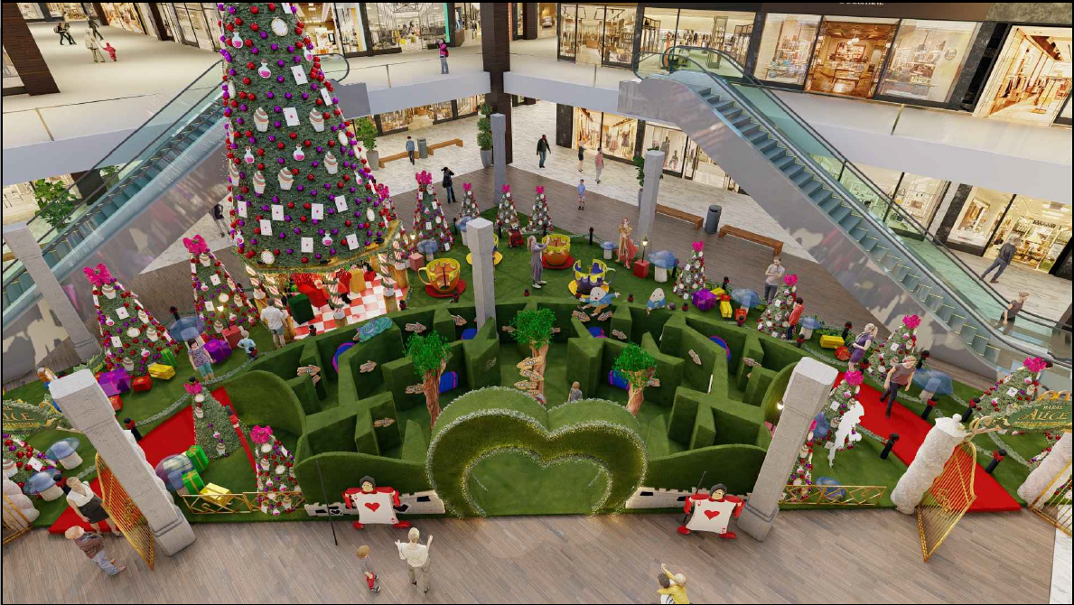Foto mostra decoração natalina sobre Alice no País das Maravilhas em shopping