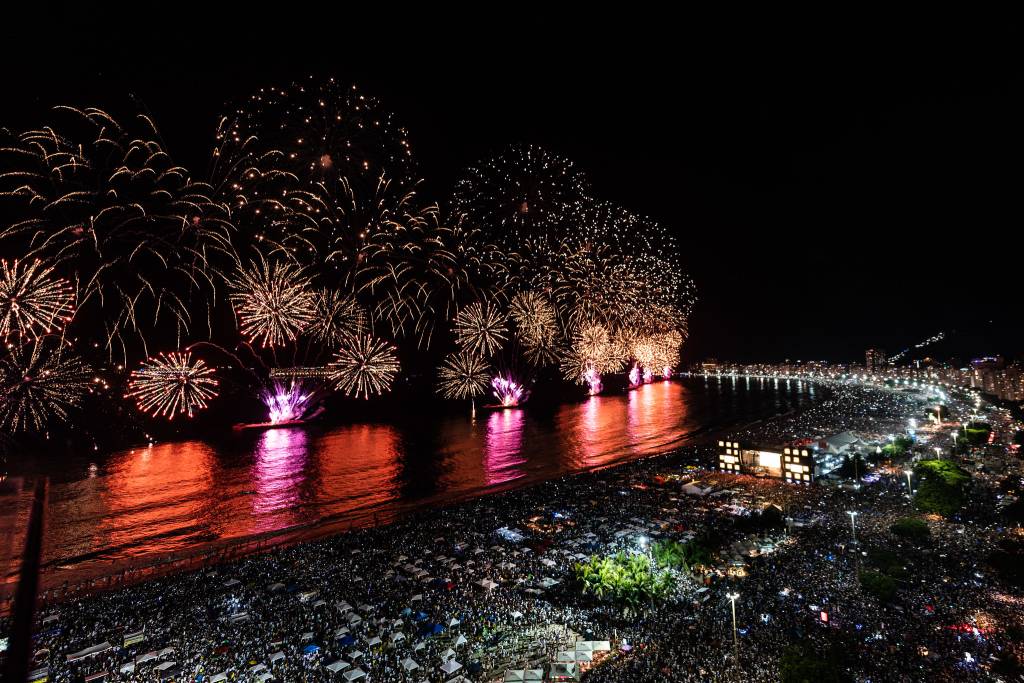 A queima de fogos na Praia de Copacabana em 2020