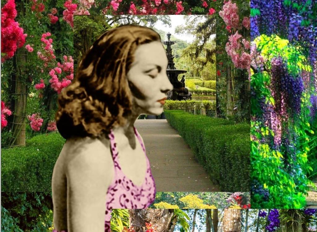 Colagem com diversas imagens de jardins ao fundo e, em primeiro plano, foto em preto e branco colorizada de Clarice Lispector de perfil