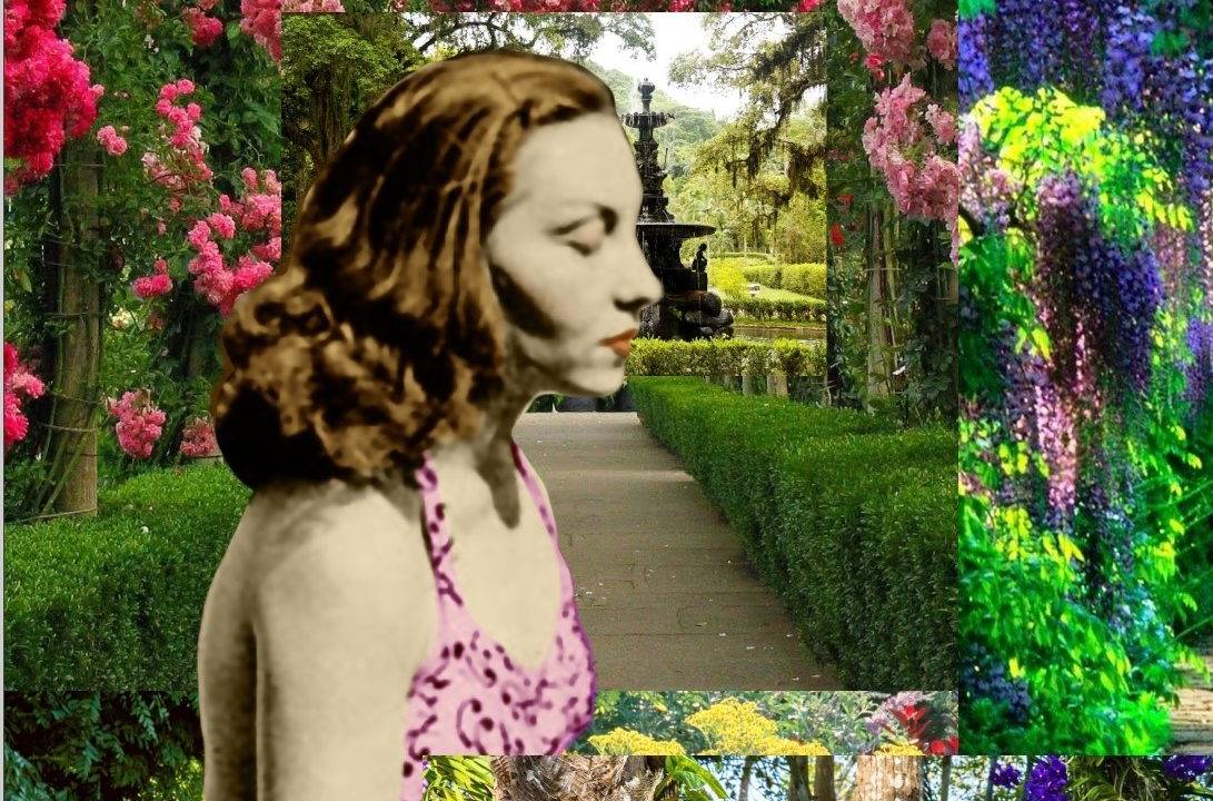 Colagem com diversas imagens de jardins ao fundo e, em primeiro plano, foto em preto e branco colorizada de Clarice Lispector de perfil