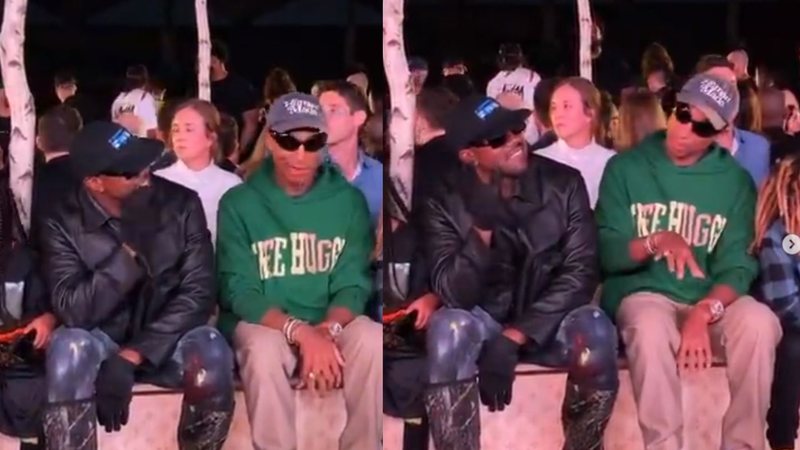 Dois prints de um vídeo com Pharrell e Kanye West sentados e empolgados com a música Tudo o Que Você Podia Ser, gravada pelo Quarteto em Cy