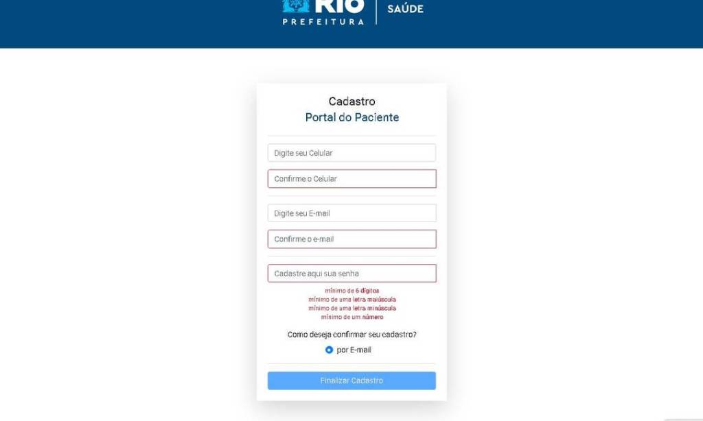 Foto mostra campos adicionais pra preencher no site minha saúde Rio