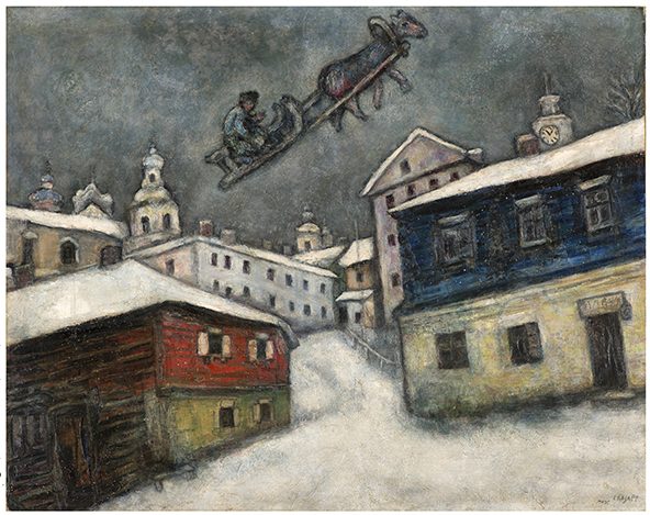 Paisagem com casario pintada por Marc Chagall, com neve e céu cinza.