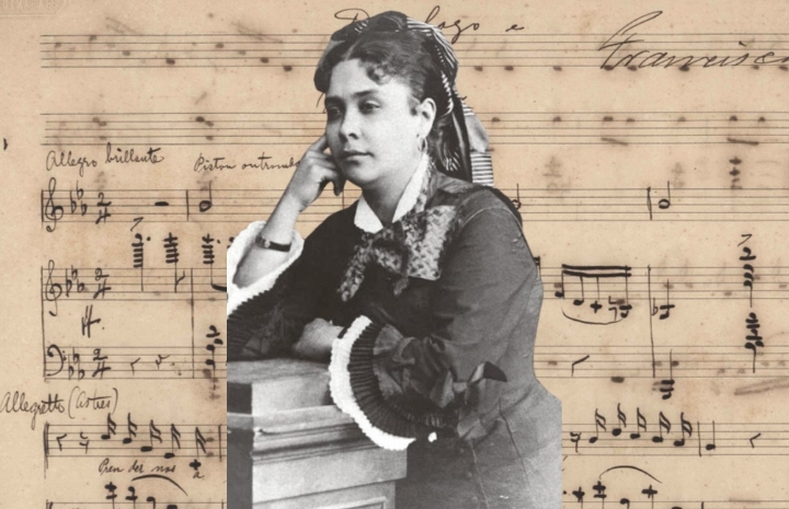 Chiquinha Gonzaga, em 1877, aos 29 anos. - ao fundo, na montagem, uma de suas partituras -