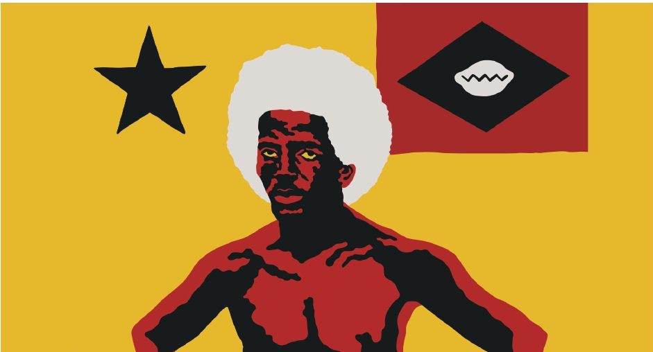 Obra com homem negro com cabelo afro branco sobre fundo amarelo. À esquerda, uma estrela preta. À direita, uma bandeira do Brasil estilizada, com a parte retangular vermelha, o losango preto e um búzio branco no meio.