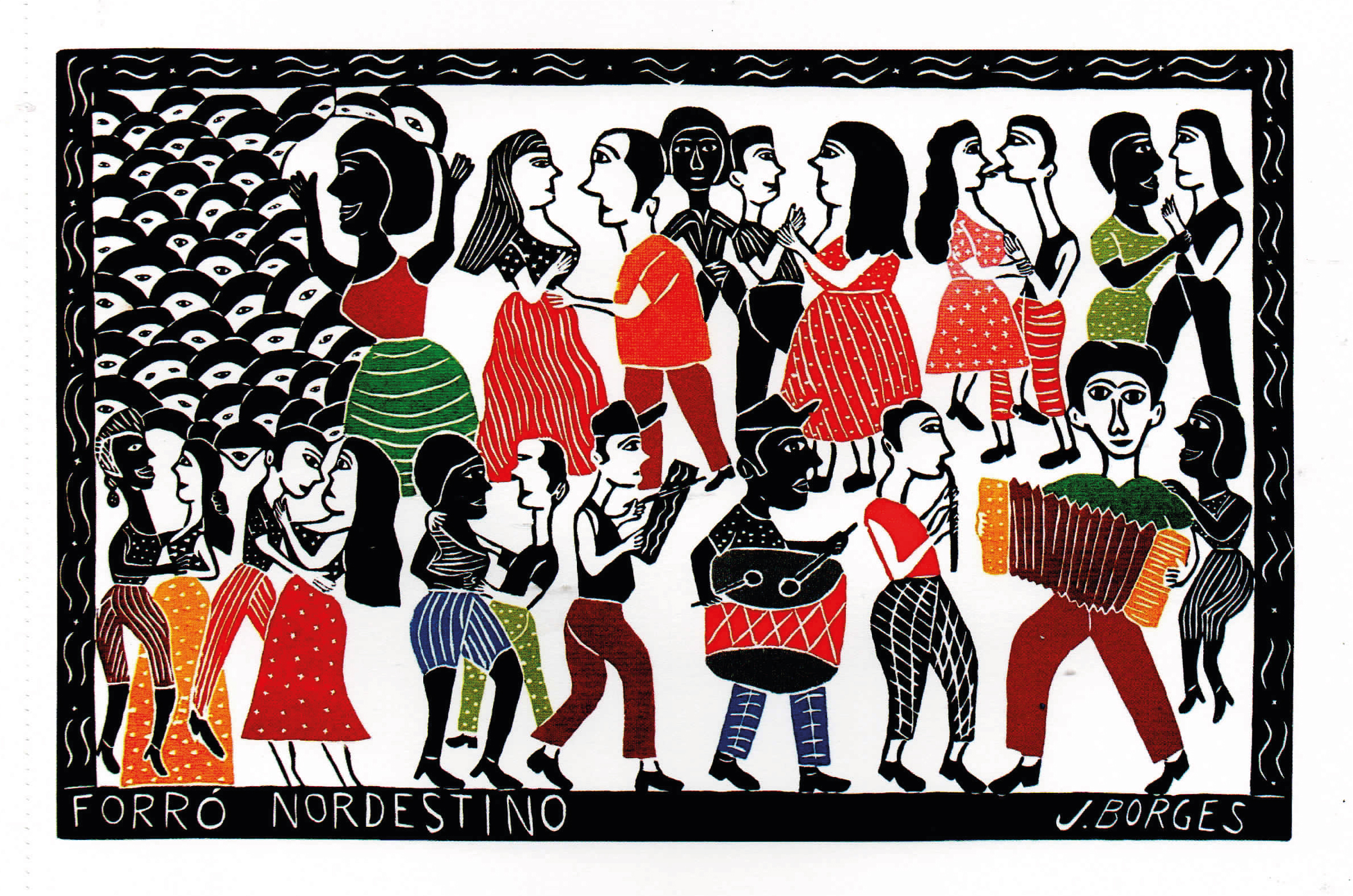 Xilogravura de J. Borges em que predominam as cores preta e vermelha, com pessoas em um forró: no canto direito, embaixo, estão os músicos; no resto do quatro, o público, com casais dançando e uma mulher sozinha