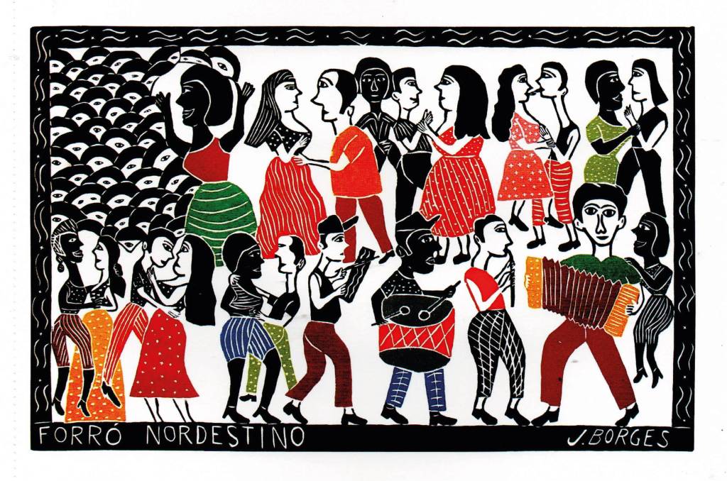 Obra J.Borges Xilogravura de J. Borges em que predominam as cores preta e vermelha, com pessoas em um forró: no canto direito, embaixo, estão os músicos; no resto do quatro, o público, com casais dançando e uma mulher sozinha