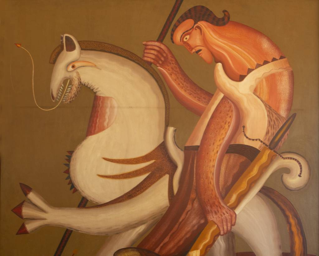 São Jorge e o Dragão_Miguel dos Santos_rep_Daniela Nader São Jorge em cima do cavalo branco, em quadro em tons de marrom.