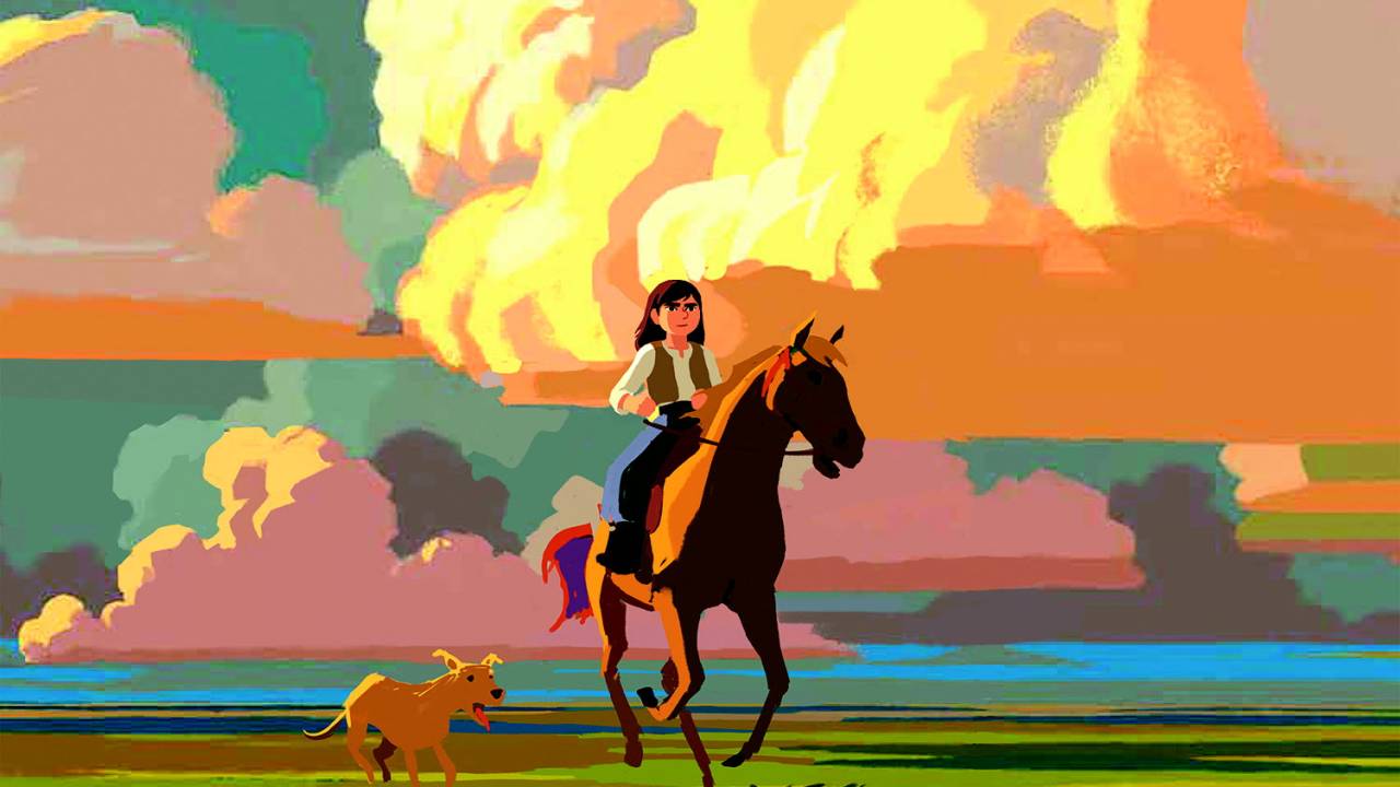 Foto mostra animação com uma menina em cima de um cavalo