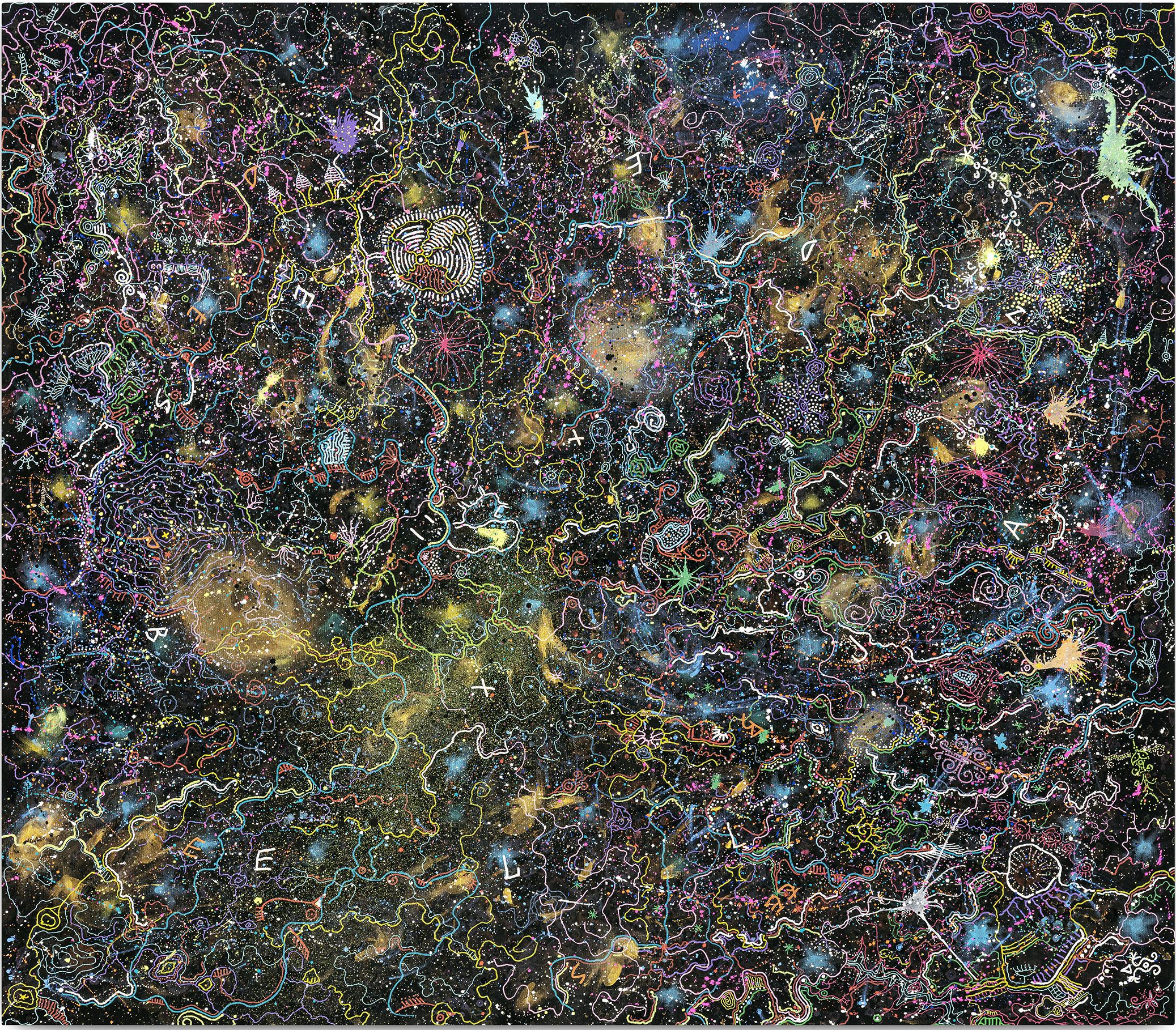 Quadro com fundo preto e milhares de desenhos em cores neon, representando a constante mutação da vida