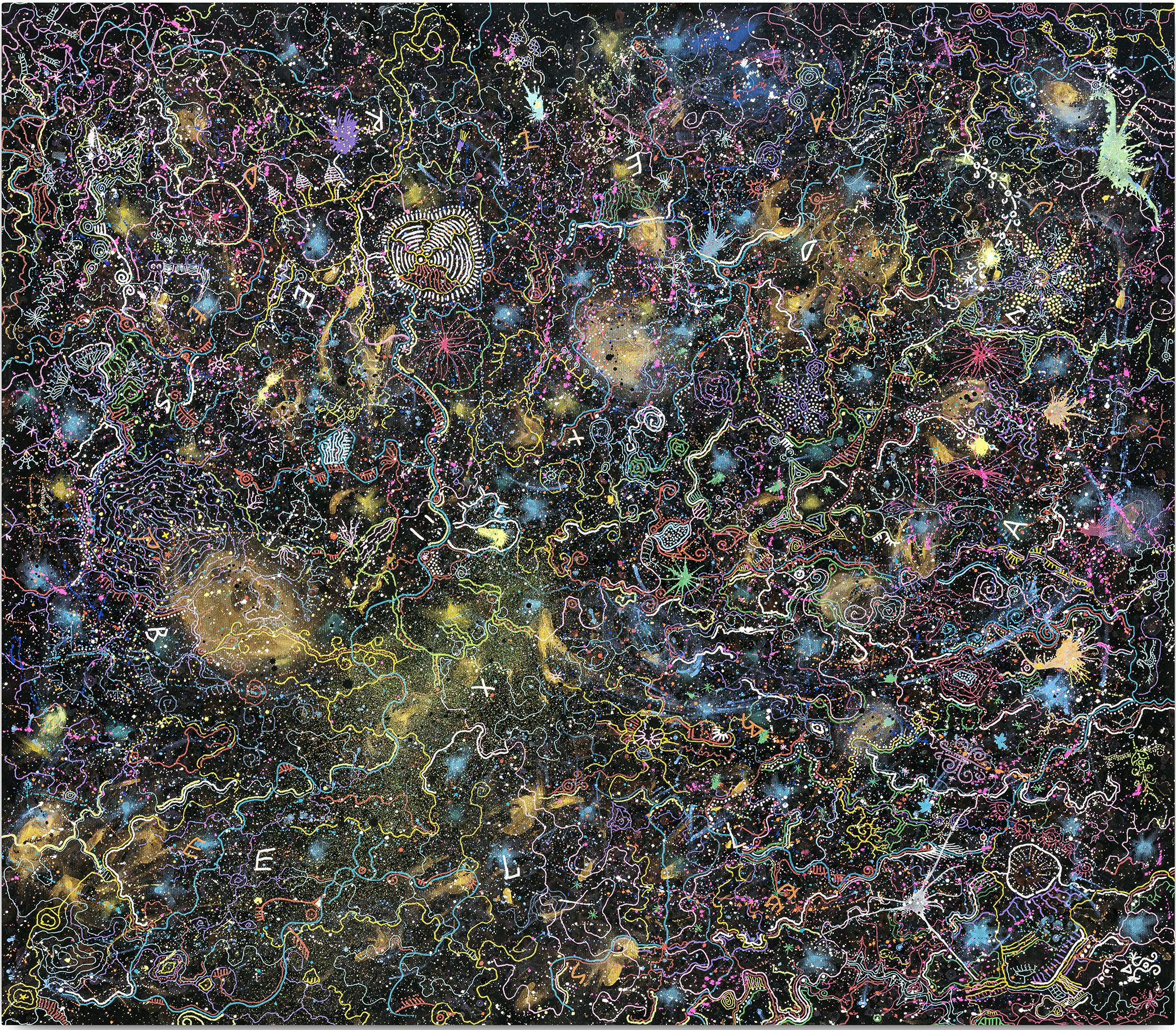 Jaider-Esbell.-Sem-Titulo-2021.-120-x-140-cm.-Acrilica-sobre-tela.-Credito_-©Filipe-Berndt Quadro com fundo preto e milhares de desenhos em cores neon, representando a constante mutação da vida