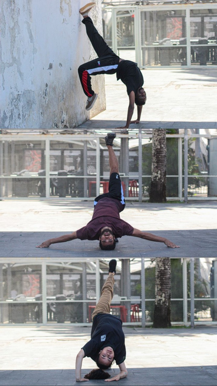 Foto mostra atletas de breakdance dançando