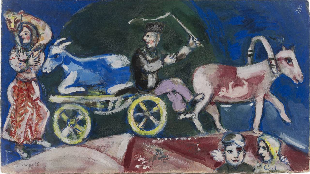 O quadro Vendedor de Gado, de Marc Chagall, com um homem em uma carroça puxada por um boi