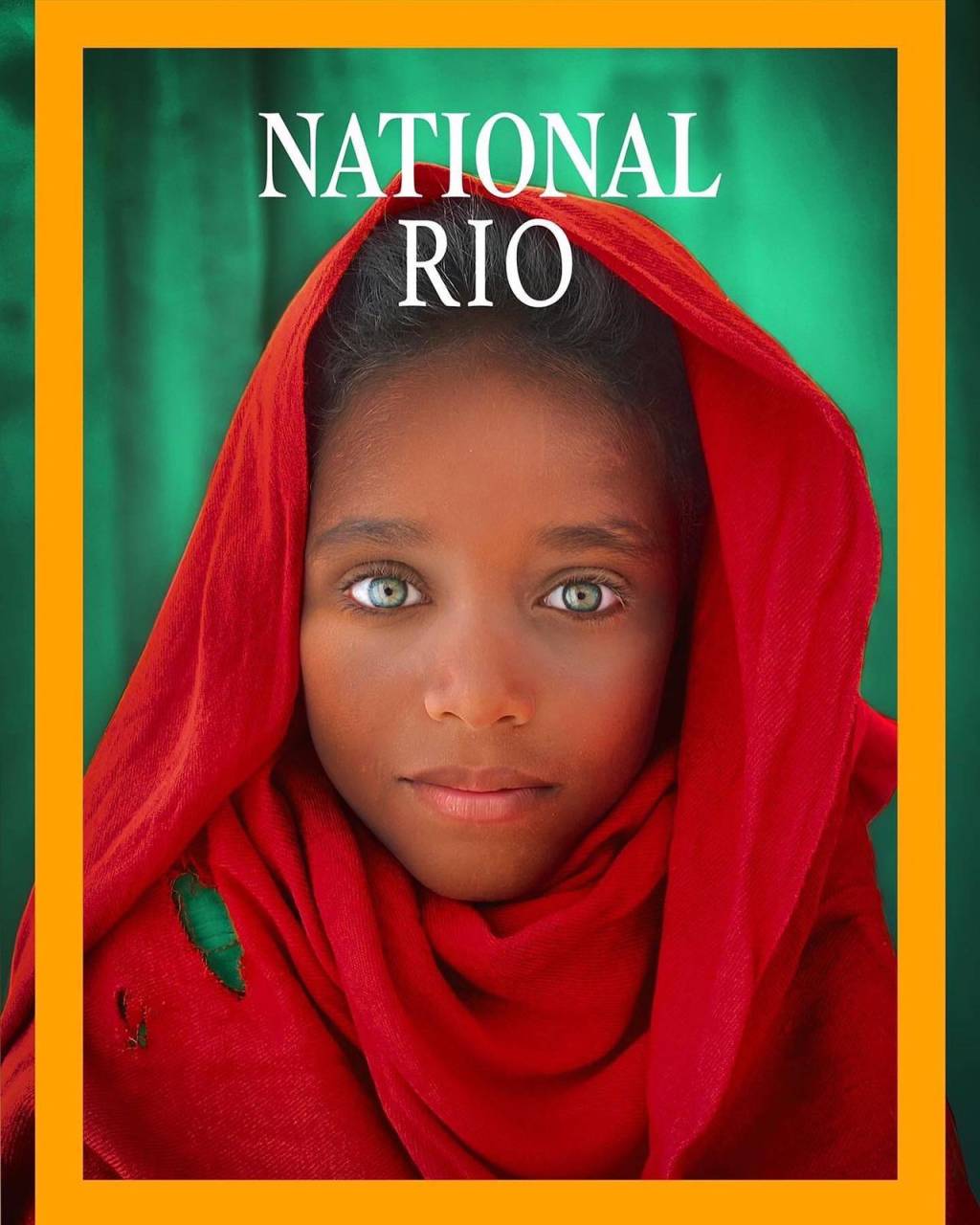 Foto mostra menino olhando para a câmera com olhos verdes, pele negra, usando um turbante vermelho. Acima está escrito "National Rio"