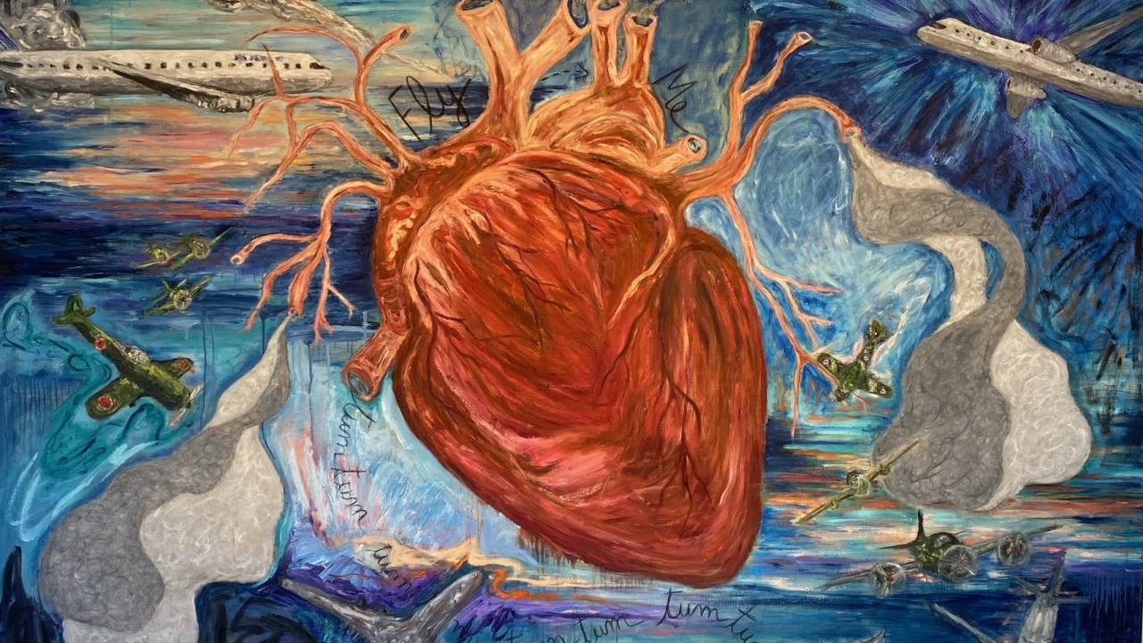 Quadro com fundo azul e coração (o órgão) em tons de marrom
