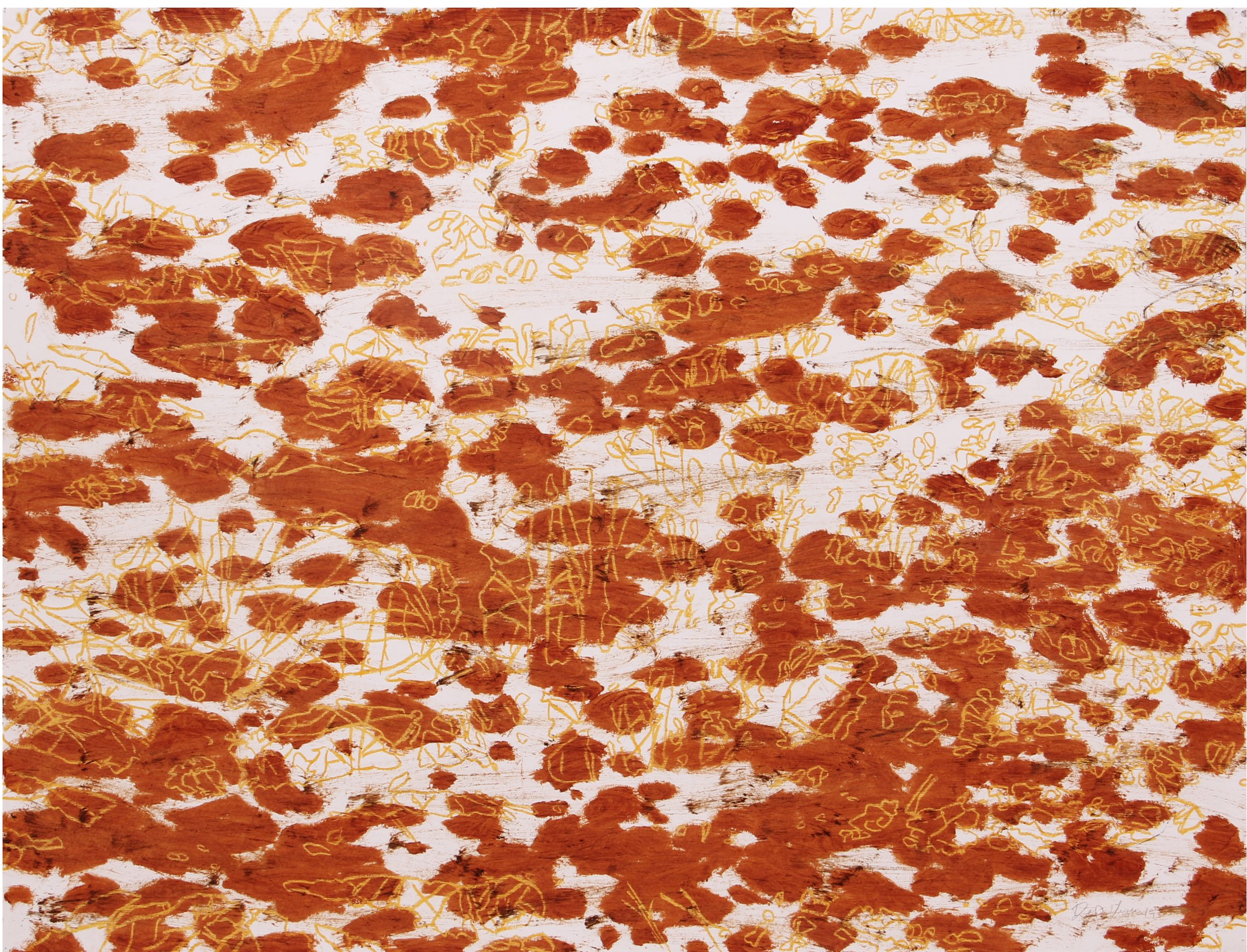 Quadro abstrato em branco com manchas vermelhas e linhas laranja