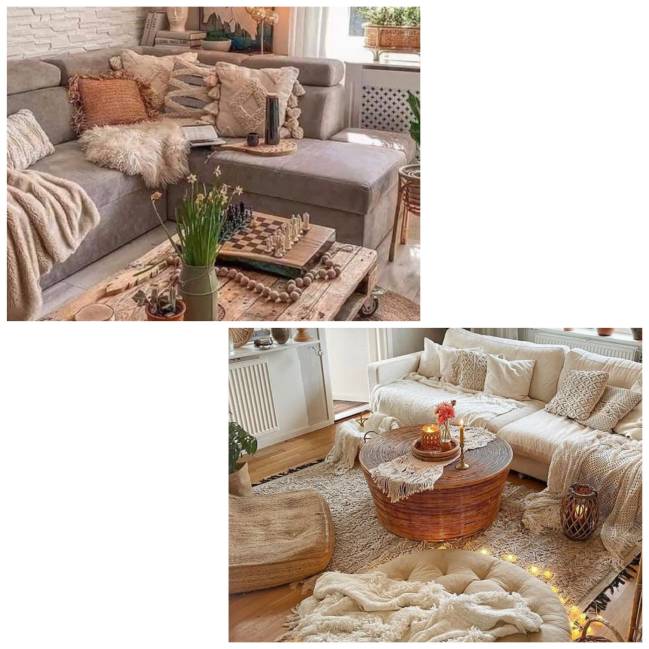 As imagens mostram sofas e puffs com mantas e almofadas.