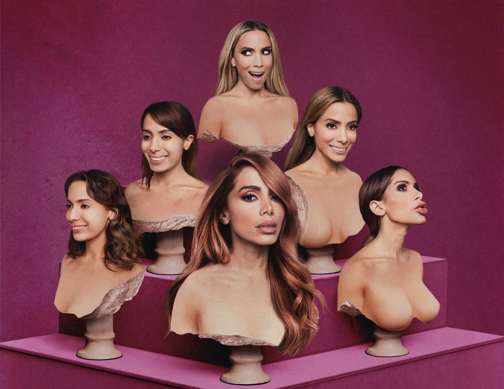 Seis fotos de Anitta em formato de bustos da cantora com cabelos diferentes