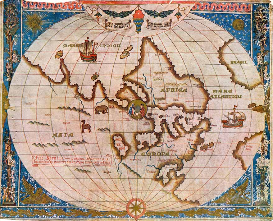 Mapa antigo que aparece com os hemisférios invertidos: a África em cima e a Europa embaixo