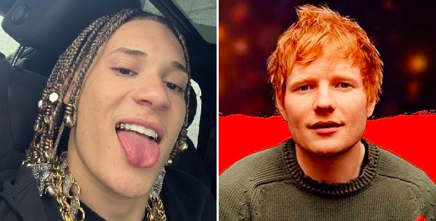 Montagem com imagem de Chefin à esquerda e Ed Sheeran à direita.