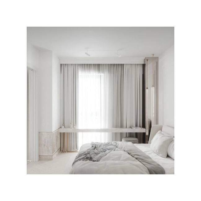 A imagem mostra um quarto no estilo All White.