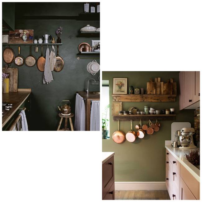 A imagem mostra cozinhas com panelas expostas