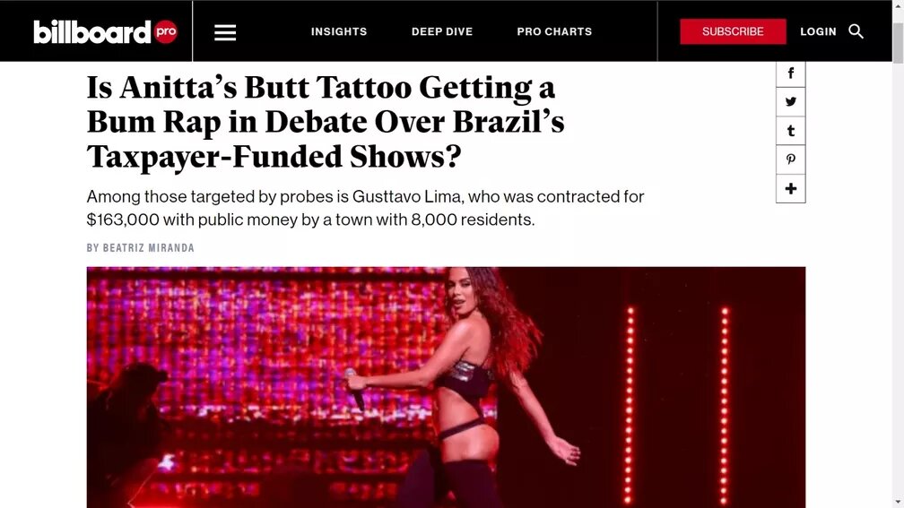 Cabeçalho da revista Billboard, com uma foto de Anitta dançando no palco e o título: 