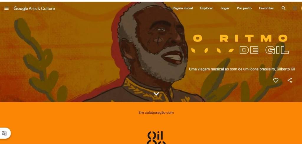 Cabeçalho do projeto O Ritmo de Gil, na plataforma Google Arts and Culture, dedicado a Gilberto Gil. Há uma ilustração de Gil com fardão da ABL e o fundo é amarelo-alaranjado