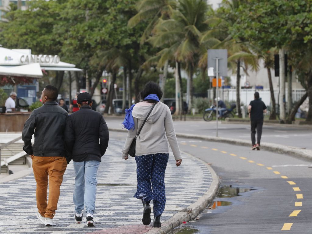 Foto mostra cariocas andando na orla de Copacabana com frio