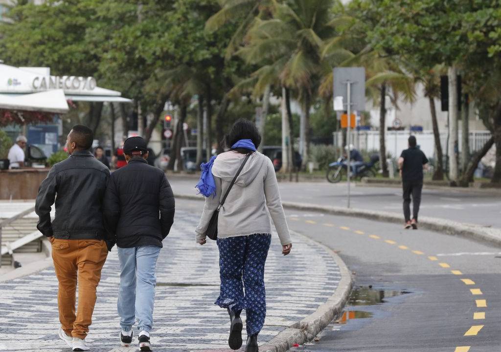 Foto mostra cariocas andando na orla de Copacabana com frio