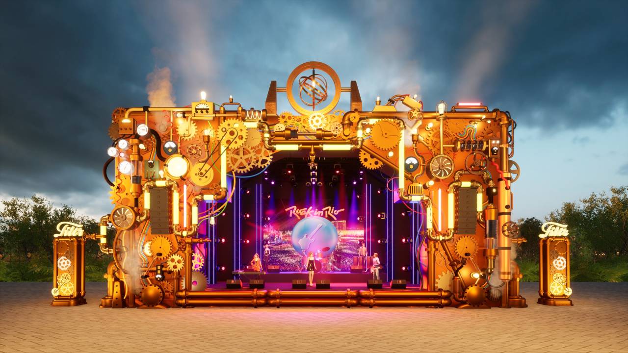 O Palco Supernova em computação gráfica, com a frente dourada com engrenagens, luz roxa na parte de dentro, logomarca do Rock in Rio ao fundo e cinco avatares de músicos.