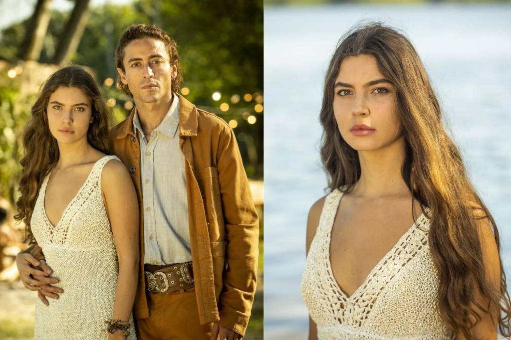 Foto mostra Juma e Jove da novela Pantanal com roupas de casamento