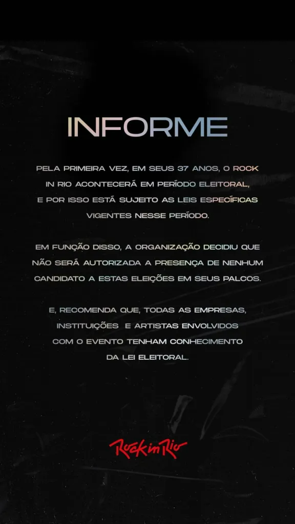 COMUNICADO-ROCK-IN-RIO-POLITICOS Comunicado em fundo preto sobre o Rock in Rio.