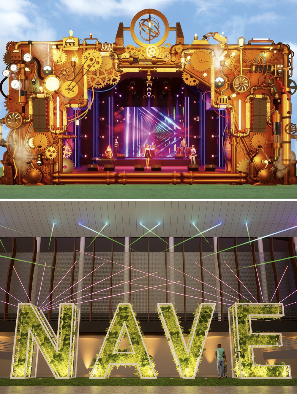 Visual remodelado: o Palco Supernova (acima), mais um espaço reservado a shows no festival, e a Nave, arena com projeções imersivas -