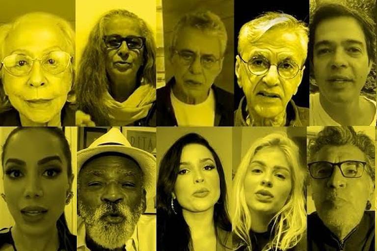 Montagem de fotos em preto e branco com filtro amarelo. Na fileira de cima, a partir da esquerda, os rostos de: Fernanda Montenegro, Maria Bethânia, Chico Buarque, Caetano Veloso e Bruno Mazzeo. Na fileira de baixo: Anitta, Antônio Pitanga, Juliette, Luísa Sonza e Paulo Betti.