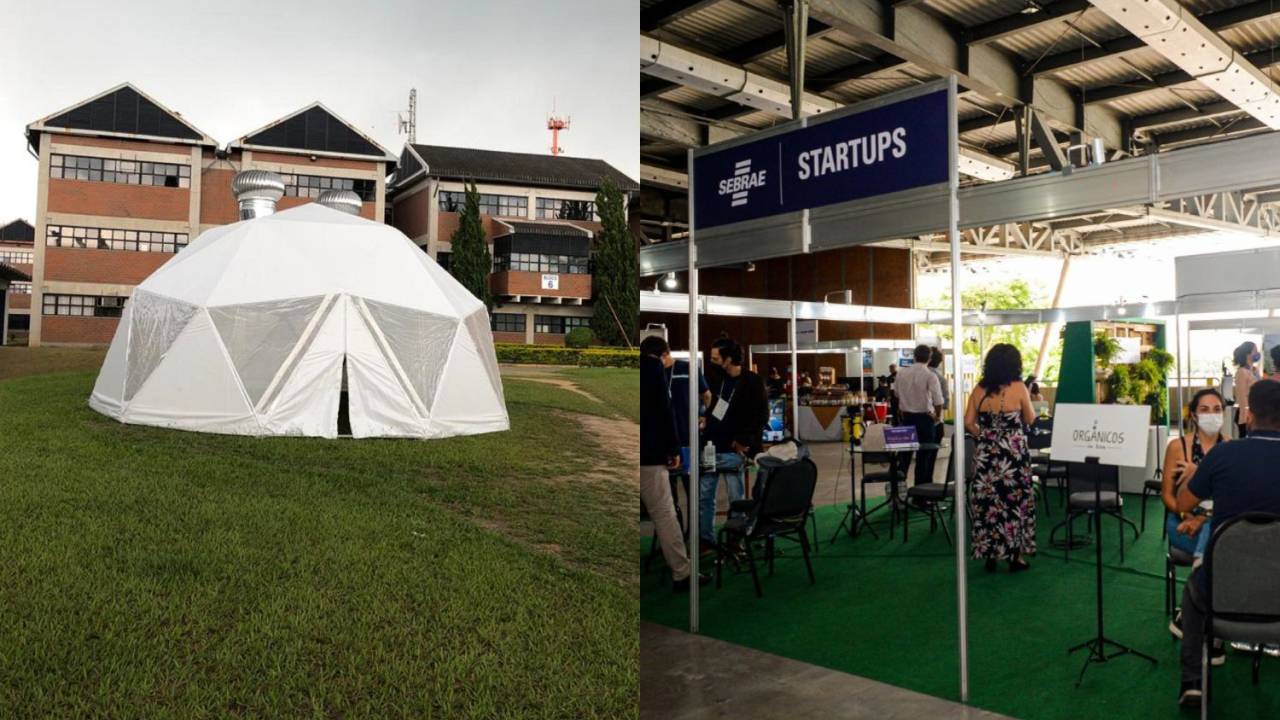 Montagem de fotos com uma foto de um domo geodésico e outra com uma placa escrita "startups", com estandes de feira ao fundo