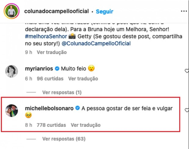 Foto mostra print de comentário no Instagram de Michelle Bolsonaro