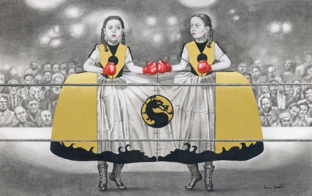 Quadro com duas jovens com luvas de boxe e mãos apoiadas sobre uma mesa