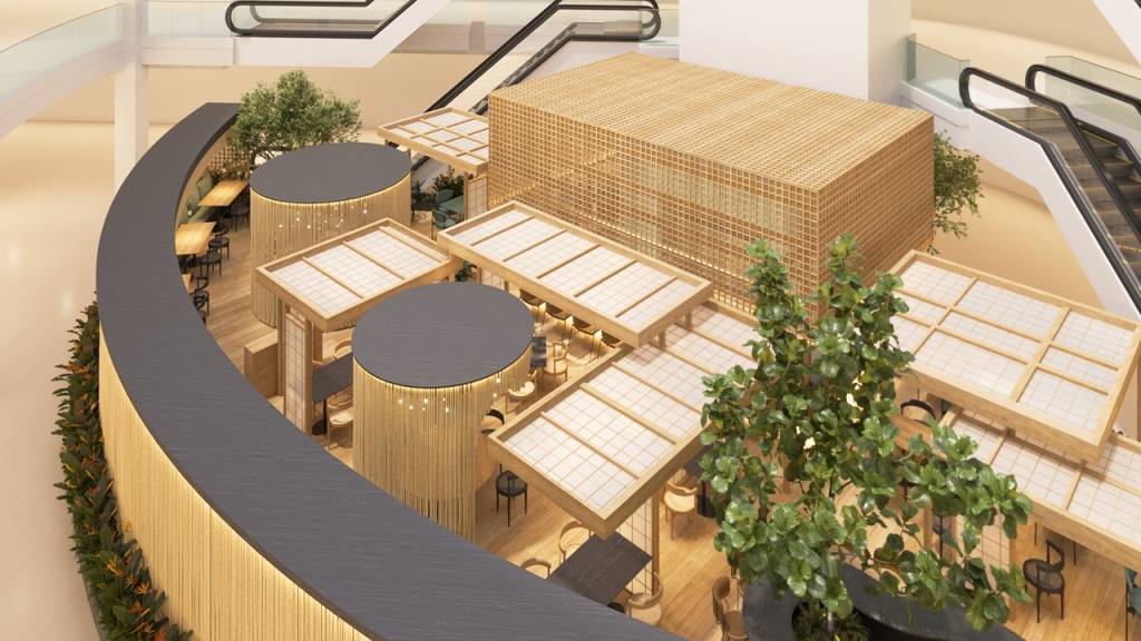Oriental: o novo restaurante na perspectiva de quem sobe pela escada rolante
