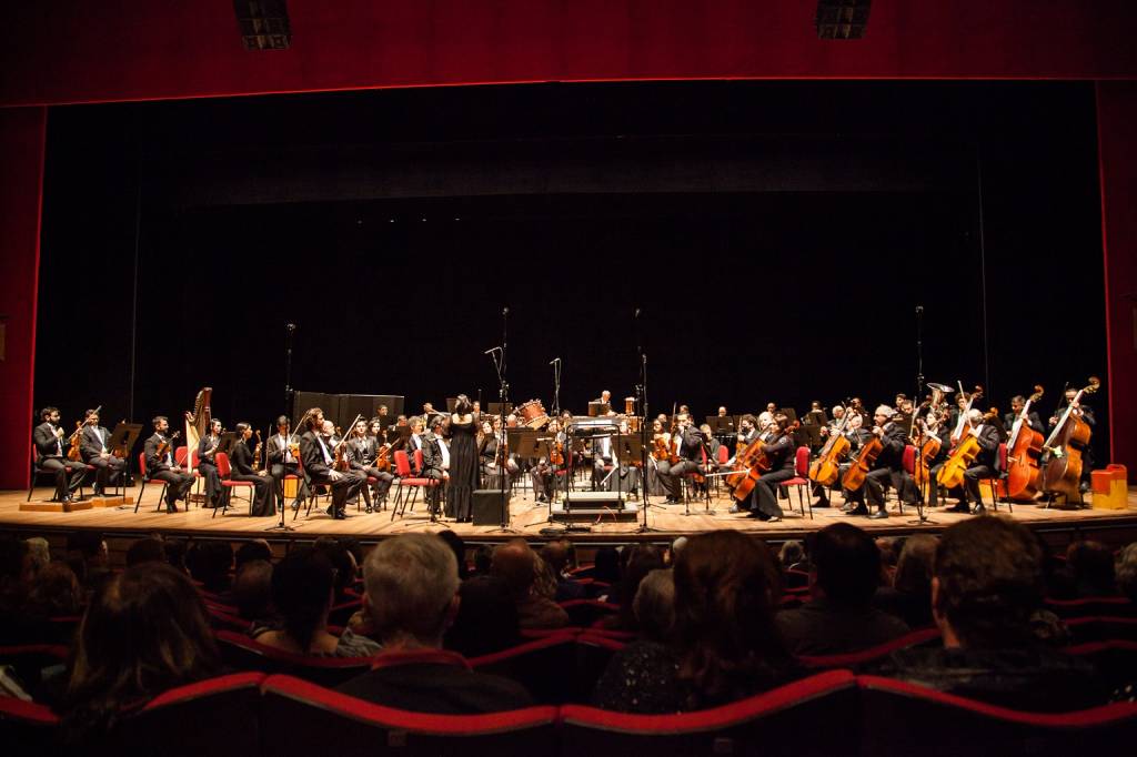Os músicos da Orquestra Sinfônica Brasileira no palco