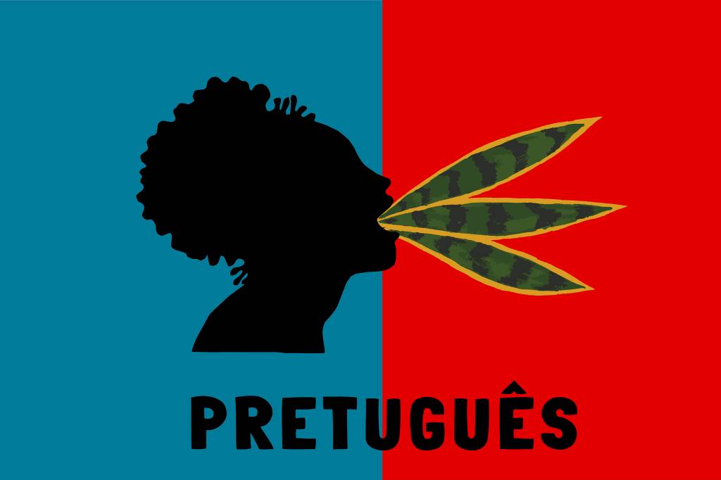 Bandeira metade azul, metade vermelha, com a silhueta do rosto de uma mulher negra de perfil cuspindo folhas de espada-de-iansã