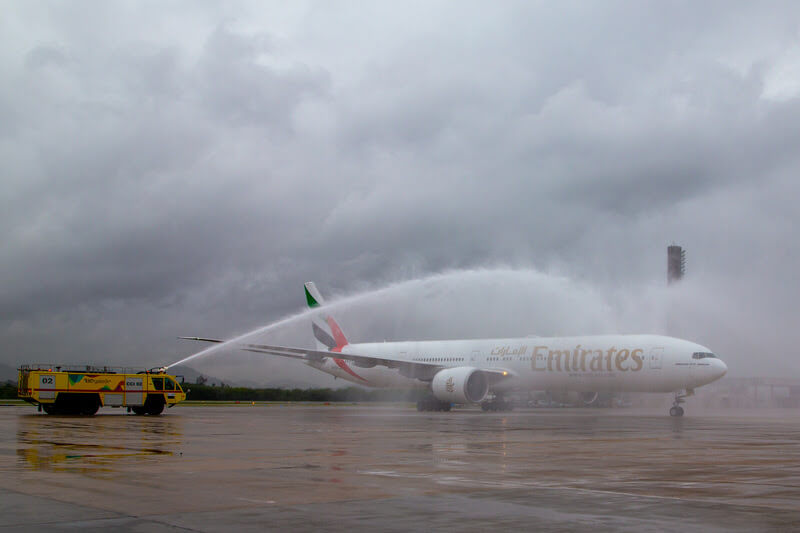 avião da Emirates é recebido no Aeroporto Internacional do Rio para comemorar retorno da rota Buenos Aires/Dubai via Rio de Janeiro.