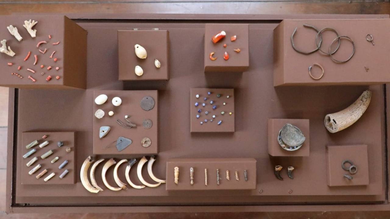 objetos de metal, ossos e outros materiais dispostos sobre superfícies marrons
