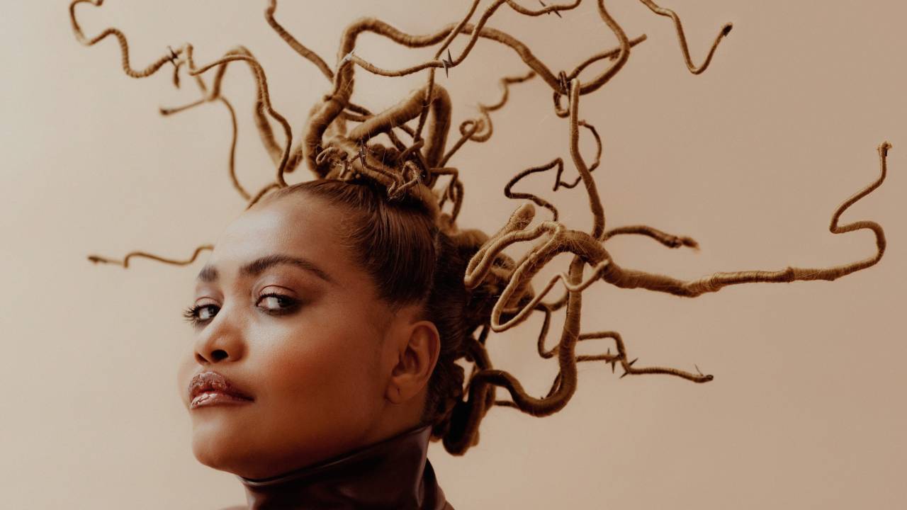 Gaby Amarantos com blusa marrom e pentelado com dreadlocks de lã com o cabelo parecendo galhos de árvore finos.