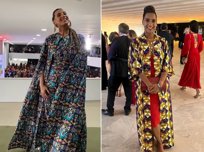 À esquerda, Anielle Franco usa look com estampa africana com predominância do azul, com uma capa longa. Os cabelos estão com tranças grossas. À direita, ela usa vestido tubinho vermelho e um maxiquimono com estampa africana em tons de azul, amarelo e vermelho.