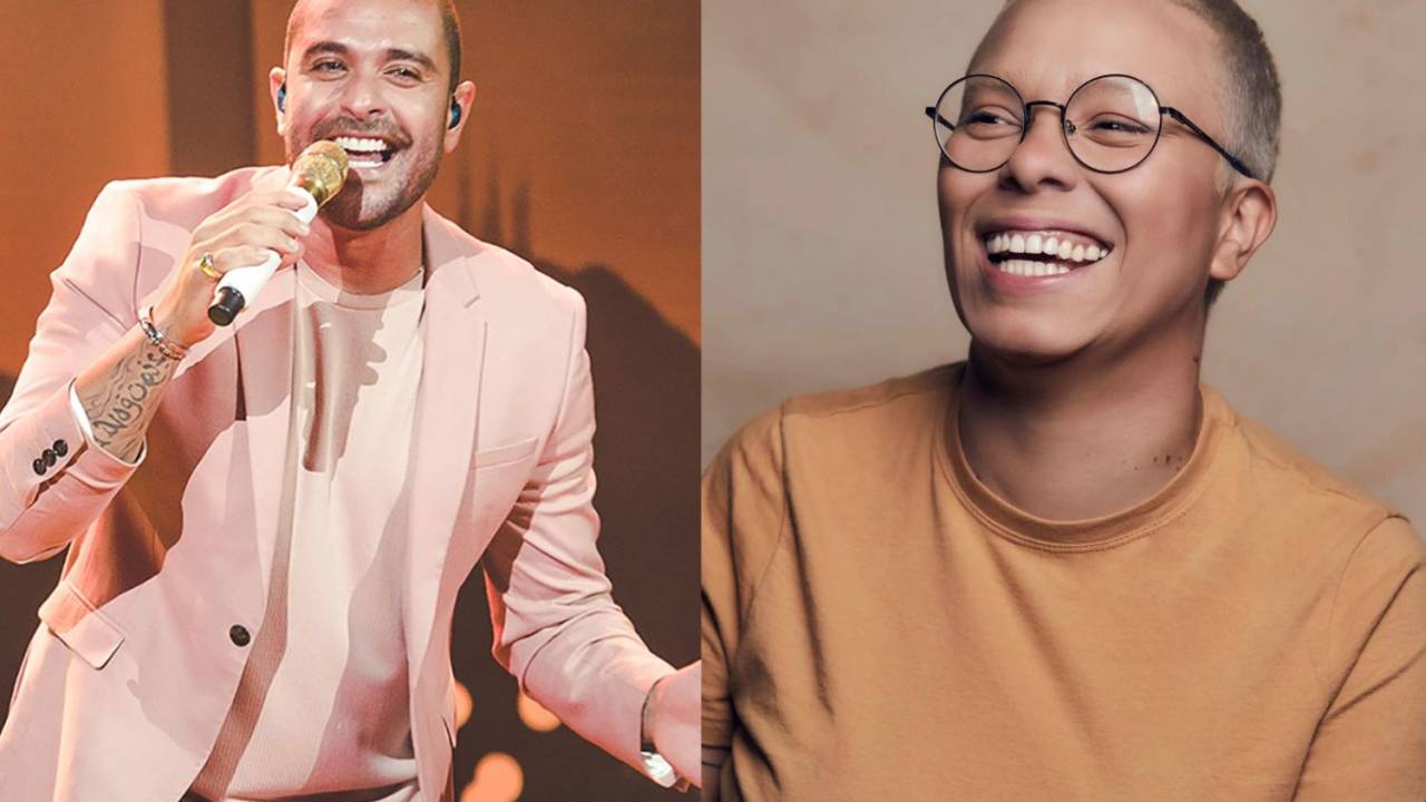Montagem de fotos de Diogo Nogueira, que canta com o microfone e usa paletó e blusa rosa claro, e Maria Gadú, que sorri usando óculos e uma camisa bege